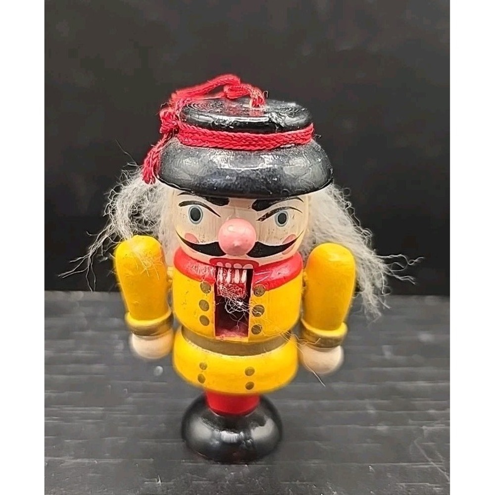 Vintage Wooden Nutcracker Ornament Red‎ and Yellow with Hinged Jaw, 3" Tall